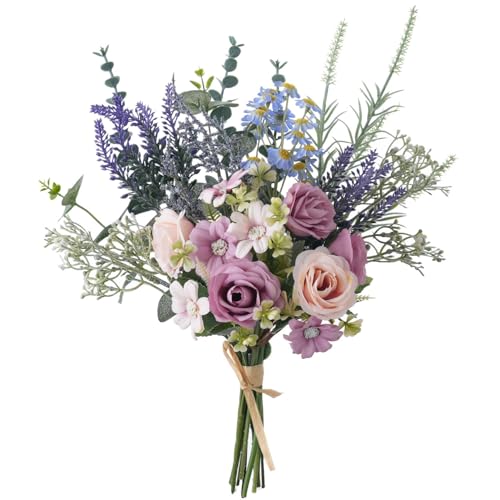 15 Inch Artificial Silk Flowers Bouquet with Roses, Eucalyptus, Baby's Breath, Daisies, Lavender, Sage & Chamomile - Realistic Faux Floral Arrangement for Home Decor Centerpiece - color: Spring