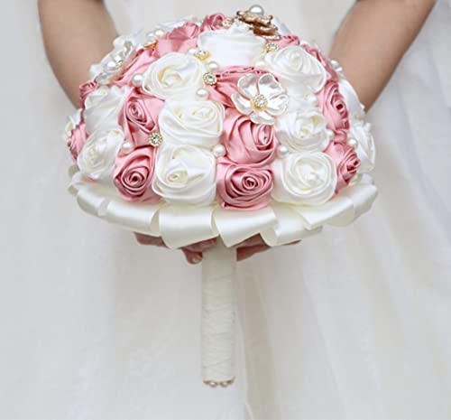 Bridal Wedding Bouquet with Rhinestone Brooch Pearl for Bride Bridesmaid Wedding Quinceanera Satin Rose Flower Bouquet Blush Pink and Ivory 6.3in - color: Blush & Ivory, size: Small (DIA. 6.3"/16cm)