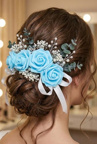 50 PCS Sky Blue Foam Rose Stemless Artificial Flower Head Bulk 2.75in Mini Fake Simulated Eternal Flores Roses Flower for DIY Craft Bridal Bouquets Centerpieces Arrangement Home Decoration - color: Sky Blue