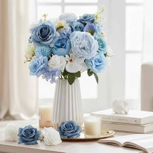 Blue Artificial Flowers Combo Box Set, Light Blue White Rose Fake Flowers Bulk, Mix Hydrangea Peonies Silk Flower for DIY Wedding Bouquets Bridal Shower Table Centerpieces Home Party Decor - color: Blue & White