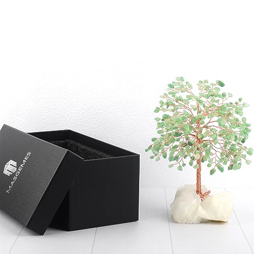 Crystal Tree of Life,Natural Green Aventurine (406 Gemstone Count) Clear Quartz Cluster Base,Chakra Positive Energy FengshuiGood Luck Home Decor,Gift Size 8.5-9 Inches - color: Aventurine Tree With Quartz Base
