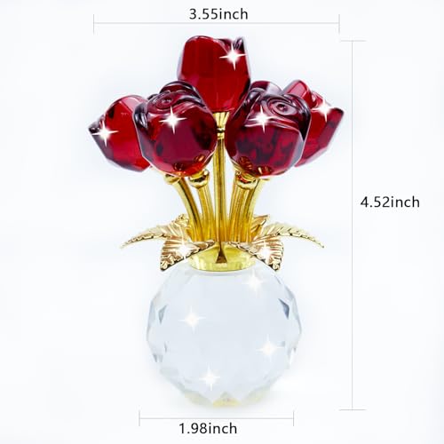 TWINKLING Crystal Roses Figurine with Round Vase, Glass Rose Crystal Flowers Bouquet, Birthday, Anniversary,Wedding, Home Décor,Gold Leaf (Red) - color: Red(gold Leaf)