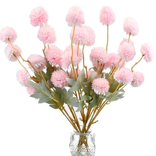 Mandy's 6 Stems Silk Pink Kiku Ball Flowers | Artificial Chrysanthemum Stems for Home Summer Décor Realistic Faux Floral Arrangement Minimalist Elegant Style - color: Pink