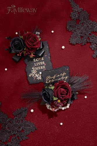 Rose Burgundy Corsage and Boutonniere Set for Wedding Prom(Set of 2),Artificial Flower Wrist Corsage Bracelets for Women Homecoming,Boutonniere for Men Suit Decorations Party Anniversary - color: Red&black, size: 1 Corsage & 1 Boutonniere