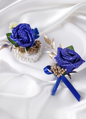Blue Boutonniere and Cosrage Set - 2 Pcs Artificial Flowers Wrist Corsage and Boutonniere Kit for Wedding Prom Dinner Party, Boutonniere and Corsage Wristlet for Groom Bride Anniversary Ceremony - color: Blue