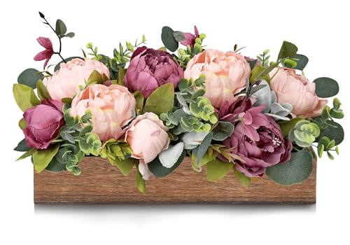Pre-Made Flower Table Centerpieces for Dining Room Wedding Artificial Peony Table Decorations Wood Tray with Fake Flowers for Living Room Party Bar Kitchen Table(Dusty Mauve & Blush Pink) - color: Dusty Mauve & Blush Pink