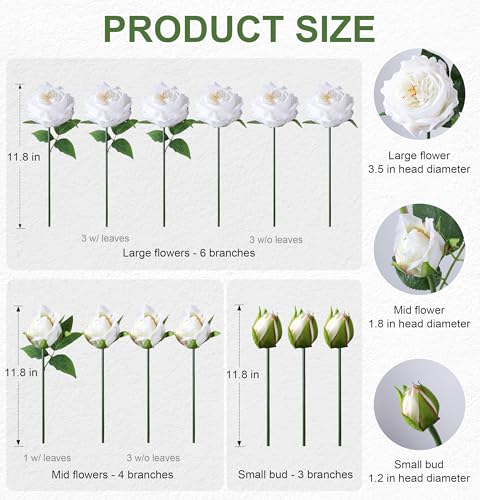 florisso White Austin Rose Faux Flowers - 13 Branches Silk Austin Roses for Home Decor, Wedding Arrangements & Vase Accents (Artificial Floral) - color: Austin-white