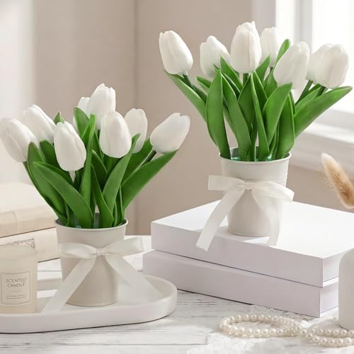 Suncalla 2 Pack Small Artificial Tulips Plant in Pots Faux Flower Potted Plants White Arrangement Rustic Home Decor 7.9" Tall for Farmhouse Table Centerpiece Windowsill Country Indoor Decor - color: White, style: Tulip