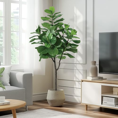6ft Artificial Fiddle Leaf Fig Tree,Modern Potted Ficus Lyrata Faux Plant,Fake Artificial Tree with Dried Moss for Indoor Porch House Office Housewarming Home