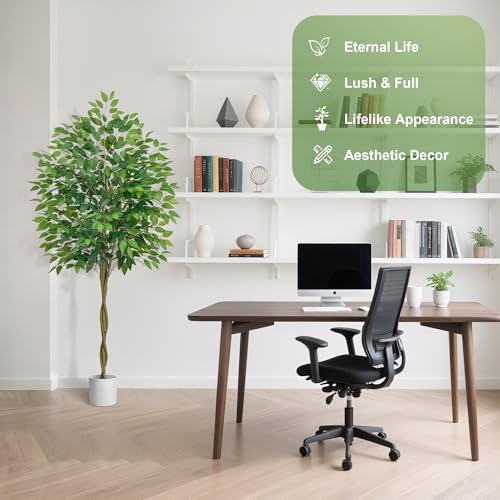 Artificial Ficus Tree with 3 Natural Curved Trunks, 6FT Tall Faux Ficus Tree in Sturdy Plastic Nursery Pot, Faux Plant for Office Home Living Room Farmhouse, Indoor Outdoor Decor