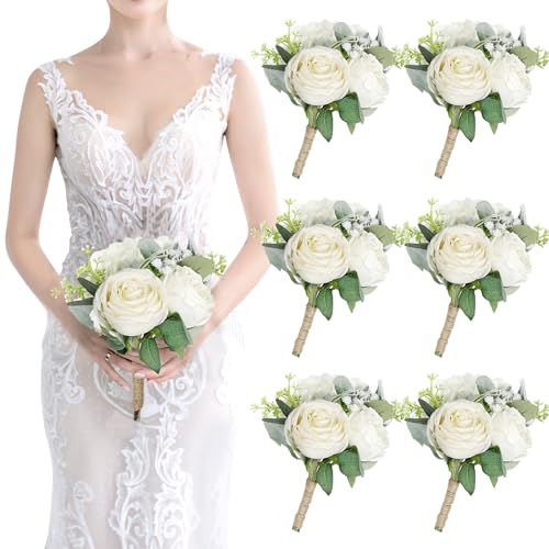 Bridesmaid Bouquets Set of 6 - Ivory White Artificial Flowers Bouquet for Bridesmaids Wedding Small Floral Centerpieces for Marriage Proposal Party Anniversary Dining Table Decor -7 Inch - color: White, size: 6pcs Bouquets