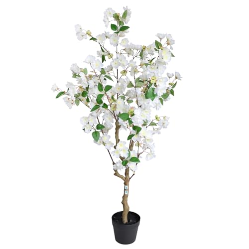 momoplant Artificial Cherry Blossom Tree 4.2FT Lifelike Silk Faux Tree Decorative Plant in Pot for Indoor Outdoor (White) - color: White