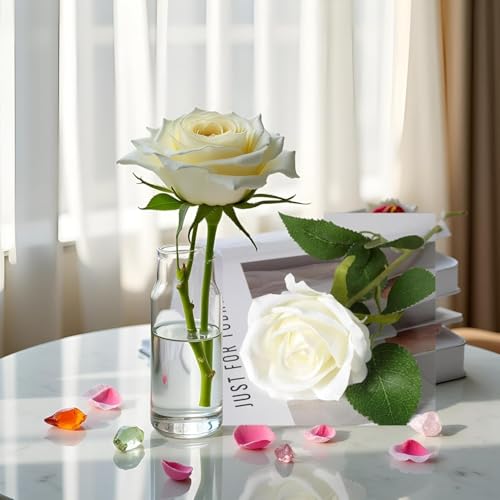 2Pcs White Artificial Silk Roses Long Single Stem Artificial Roses for Home Decor Table Centerpiece Arrangement Valentine's Day Gift (19.68in Tall)