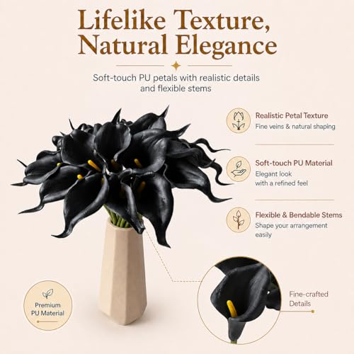 Mandy's 20pcs Pure White Calla Lily Artificial Flowers | 13.5 Inch PU Realistic Bouquet for Vase Elegant Home Decor Centerpiece Wedding Bridal Bouquet Table Decoration - color: Black