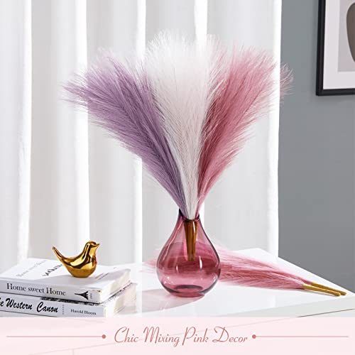 Serwalin Faux Pampas Grass Decor 17 Inch 6pcs, Purple Pink Artificial Pampas Grass Home Wedding Decor, Small Fake Pompous Boho Vase Filler, Bathroom Living Room Decoration - color: Lavender & Milky Pink & Pink, size: 17 Inch 6 Pcs