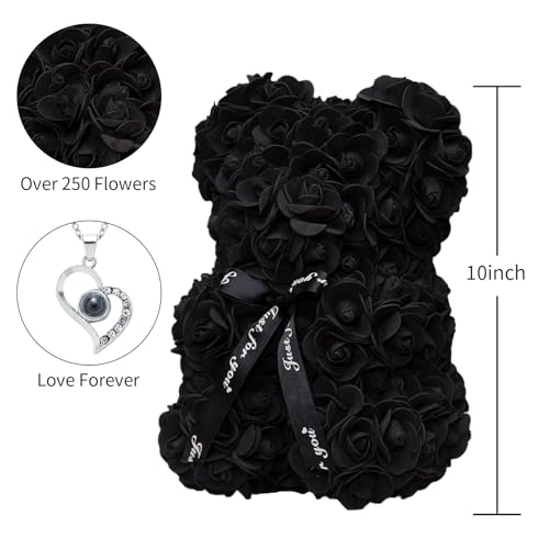 DuHouse Rose Bear Rose Teddy Bear Flower Gift Box for Valentines Gifts Anniversary Christmas,Birthdays Bridal Showers -Fully Handmade 10 inch Flower Bear Clear Gift Box(Black with Necklaces) - color: Black With Necklaces