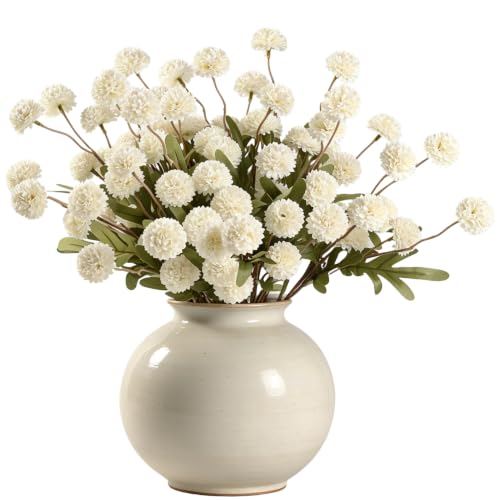 HNVNER Ivory White Faux Flowers for Vase 10PCS, Fake Flowers Mini Silk Pompon Mum Long Stem, Realistic Small Artificial Chrysanthemum for Home Decorations Kitchen Table Centerpiece Wedding - color: Ivory White