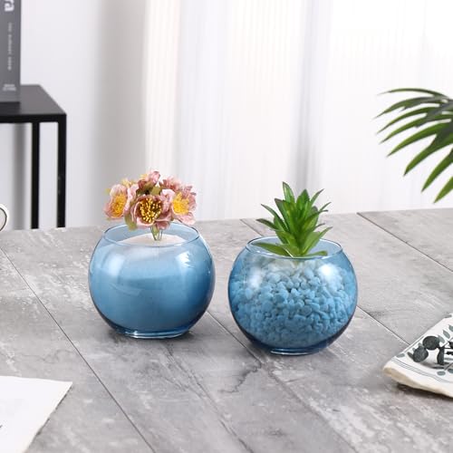 Round Glass Vases Set of 6, Blue Flower Vases for Centerpieces, Glass Bowl Vase, Small Round Vase for Living Room, Bedroom, Kitchen, Dining Table, Office, Wedding, 4 Inches - color: Blue, size: 4”