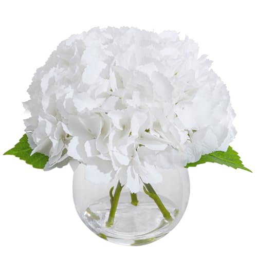 White Artificial Hydrangea Flowers in Glass Vase with Faux Water, 3 Stems Lifelike Fake Floral Arrangement, UV-Resistant Odorless Centerpieces for Dining Table Home Office Decor (7.9") - color: White