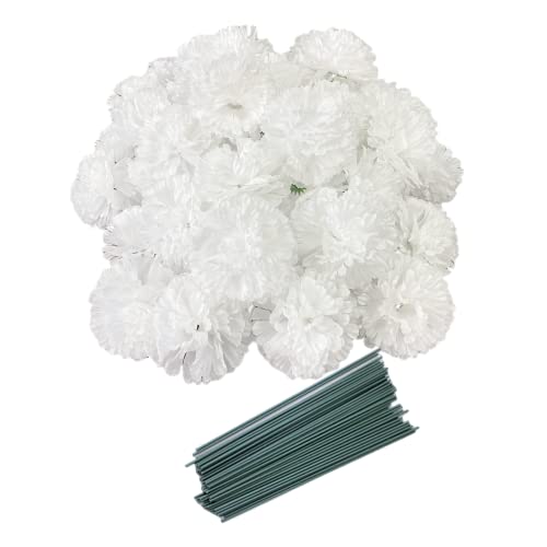 Rikyo 50 Artificial Silk Carnation Flower Head with Stems Set,Vase Fillers for Bridal Wedding Party Birthday Cake Ornaments,DIY Wrist Corsage, 3" Multiple Petals Heads (Pure White) - color: Pure White
