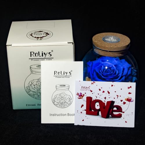 Preserved Real Roses with Colorful Mood Light Wishing Bottle, Eternal Rose，Never Withered Flowers, Table Decor,Christmas Anniversary Valentine's, Blue 4.3inch, 1pcs - color: Blue