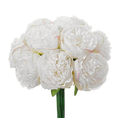 10PCS White Realistic Silk Peonies Bouquet, Waterproof & UV Resistant Faux Peony Flowers, All-Weather Artificial Stems for Outdoor, Grave, Wedding Centerpiece & Home Decor - color: White