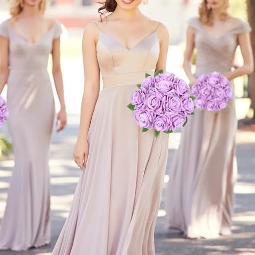 Purple Roses Artificial Flowers 16pcs Velvet Artificial Roses with Stems 3.15" Purple Fake Roses for Bridal Bouquet Wedding Flowers for Floral Centerpieces Home Party Decor (Purple) - color: 3.15" Purple