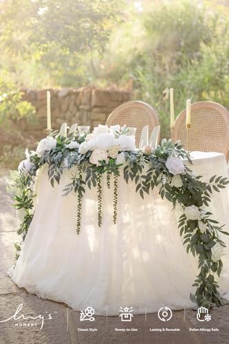 Ling's moment 9FT Spring Flower Garland for Backdrop Decorations - Wedding Arch Flowers, Eucalyptus & Rose, Artificial Floral Garland for Mantel - Sweetheart Table Decor for Reception, White & Sage - color: Wht-sage Green