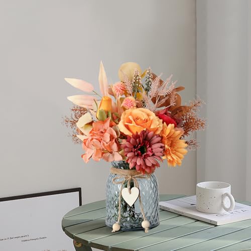 Leftover Fake Fall Flowers in Vase,Fall Silk Flower Arrangements,Fall Centerpieces for Tables,Faux Flowers for Vase,Artificial Flowers for Autumn Decor,Home Decor Living Room - color: Fall Red Yellow