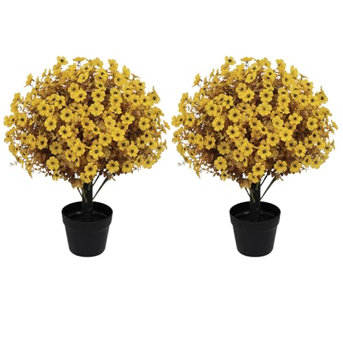 24" Artificial Fall Potted Plants Outdoor Set of 2, UV Resistant Faux Yellow Daisy Mums Flowers with Eucalyptus, Decorative Plants in Pots for Front Porch, Patio & Entryway - color: Fall Yellow, size: 24in Daisy Eucalyptus