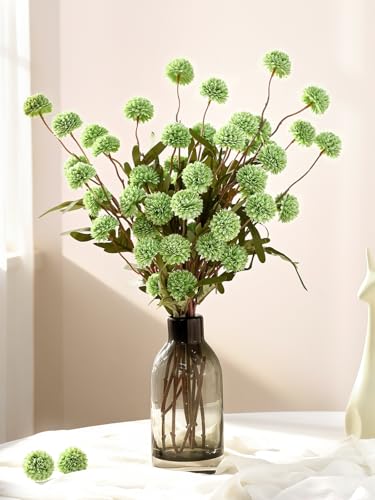 Waipfaru 10pcs Fake Flowers, Artificial Pompon Mums , Bulk Faux Chrysanthemums Flowers for Indoor Home Decorations, Boho Decor, Green, No vase - color: Green