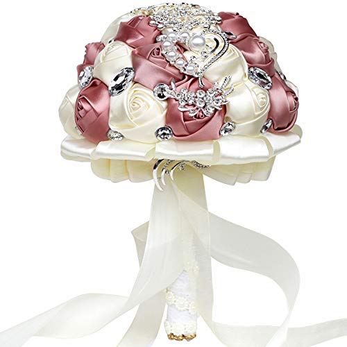 Wedding Bouquets Crystal Satin Rose Bride Bridal Bouquet Romantic Bridesmaid Holding Flower for Valentine's Day Confession Party Church Decor (Pale Pink Creamy) - color: Pale Pink Creamy