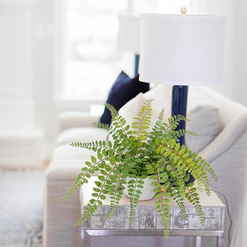 Hollyone Artificial Fern Potted Plant for Outdoors Indoors - Lifelike Faux Boston Fern in White Pot for Garden, Patio, Home, Farmhouse, Windowsill, Office, Living Room, Desk Decoration - color: Green 1