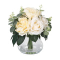 Lifelike Artificial Flower Arrangements with 4 Roses + 4 Peonies in Glass Vase with Faux Water for Wedding & Home Table Centerpieces - color: Peony & Rose With Faux Water, size: Champagne