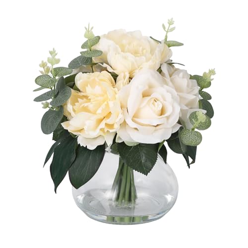 Lifelike Artificial Flower Arrangements with 4 Roses + 4 Peonies in Glass Vase with Faux Water for Wedding & Home Table Centerpieces - color: Peony & Rose With Faux Water, size: Champagne