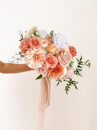 FACINOC Roses Artificial Flowers Orange Fake Flower with Stems for DIY Wedding Bouquets Bridal Baby Shower Centerpiece Table Decorations Silk Faux Floral Arrangements for Party Home Decor Indoor Peach - color: Orange Peach Flowers