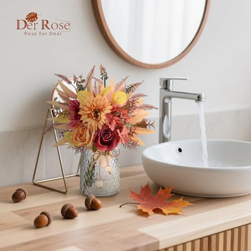 Der Rose Fall Fake Flowers in Vase Silk Artificial Flowers Arrangements with Glass Vase for Dinning Coffee Table Centerpieces Home Kitchen Farmhouse Wedding Decor (Orange) - color: Orange