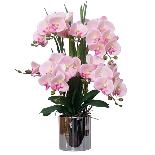 CXGS Artificial Orchid Flower Plants Real Touch Faux Orchids in Ceramic Vase 20.9'' Pink Phalaenopsis Orchid Fake Flower Arrangement Home Indoor Decor - color: Pink- Silver (12cm)