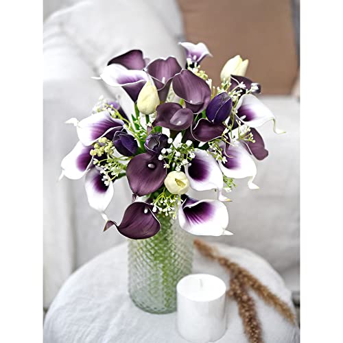 FiveSeasonStuff Real Touch Calla Lily Artificial Flowers Wedding Bridal Bouquet | Floral Arrangements | 15 Calla Lilies (Plum Purple) - color: Plum Purple