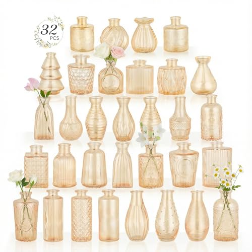 RUCKAE Glass Bud Vases Mini Flower Vase Small Vintage Vases for Centerpiece Table Wedding Decorations Home Decor Party(Gold 32pack) - color: Gold