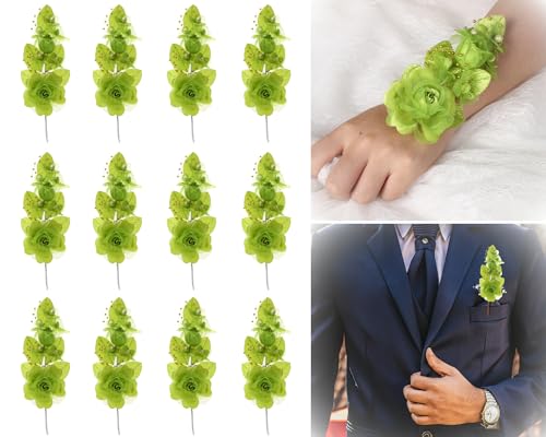 Set of 12 Artificial Silk Organza Craft Rose Flower, 12 Corsage Wristlet, 12 Pin Back DIY Boutonnieres for Wedding, Bridesmaids, Groomsmen, Quinceanera, Prom, Sweet 16 (Apple Green) - color: Apple Green