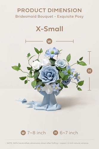 Ling's moment Blue Artificial Wedding Flower Bouquets for Bridesmaids White Floral Bouquet Dusty Blue Bridal Bouquets for Bridesmaids with Ribbon Ceremony Anniversary,7-inch Diameter - color: Blu-posy-dusty Blue & Navy