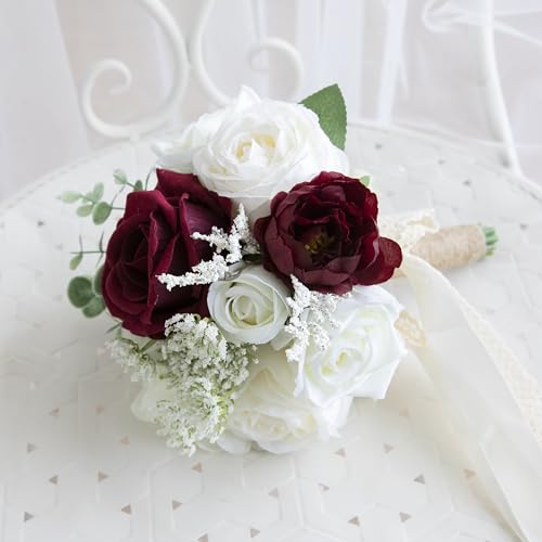 Wedding Bouquets for Bride Bridesmaid, Artificial Burgundy Champagne Bride Flower Bouquet for Wedding Church Decoration Ceremony, Anniversary, etc, Roses Flowers - color: Burgundy & Champagne