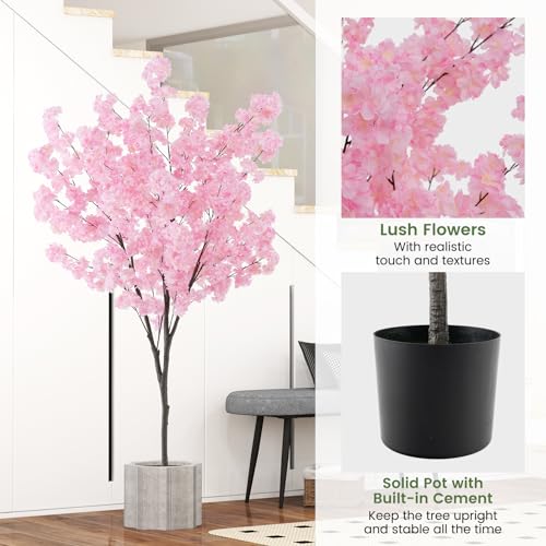 Goplus 6.5FT Artificial Cherry Blossom Tree, Pink Fake Flower Tree, Faux Floral Plant Blooming Tree in Cement Pot, Tall Potted Artificial Tree for Indoor Outdoor Office Home Porch Decor