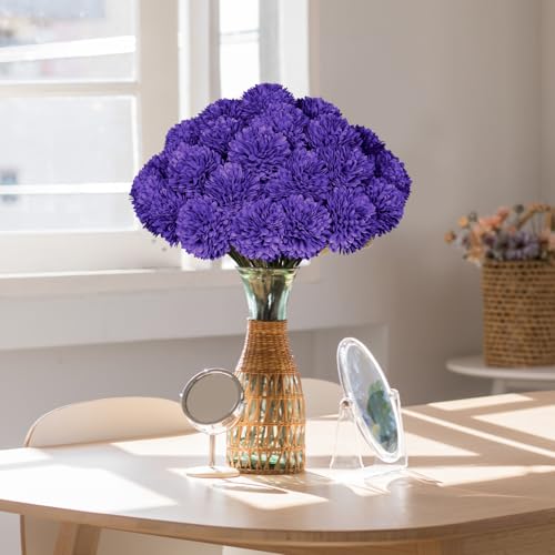 36 Pcs Purple Artificial Chrysanthemums Flowers Fake Mums Silk Vintage Ball Flower for Home Decor Indoor Floral Arrangement Table Centerpiece - color: Purple