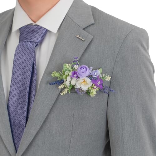 TINGE TIME Luxury Groom Boutonniere for Wedding, 1 PCS Pocket Boutonniere for Men, Artificial Corsage for Wedding, Prom, Homecoming, Anniversary, Graduation (Lavender) - color: Lavender