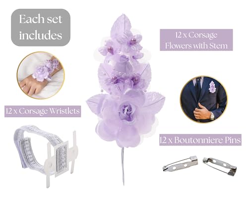 Set of 12 Artificial Silk Organza Craft Rose Flower, 12 Corsage Wristlet, 12 Pin Back DIY Boutonnieres for Wedding, Bridesmaids, Groomsmen, Quinceanera, Prom, Sweet 16 (Lavender) - color: Lavender