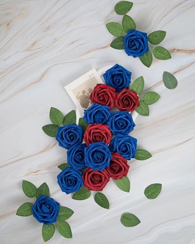 DuHouse 25Pcs Artificial Roses Flowers Fake Rose with Stems Real Touch Foam Flowers for DIY Wedding Bouquet Party Centerpiece Floral Arrangement Party Home Decor(Blue White Red) - color: Blue White Red, size: 25pcs