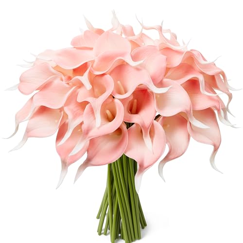 24 Pcs Pink Artificial Calla Lily Flowers Fake Pink Silk Flowers Real Touch for Wedding Bouquet Office Home Kitchen Decor - color: Pink