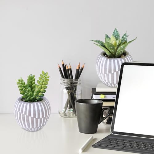 Winlyn Set of 3 Artificial Succulents Plants in Mini Gray and White Geometric Cement Pots Faux Potted Plants Aloe Pachyphytum Succulent Donkey Tail Small Plant for Home Office Table Shelf - color: Gray Pots
